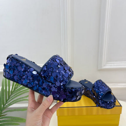 FENDI THICK SOLE 6 CM SEQUIN SLIPPER NAVY BLUE