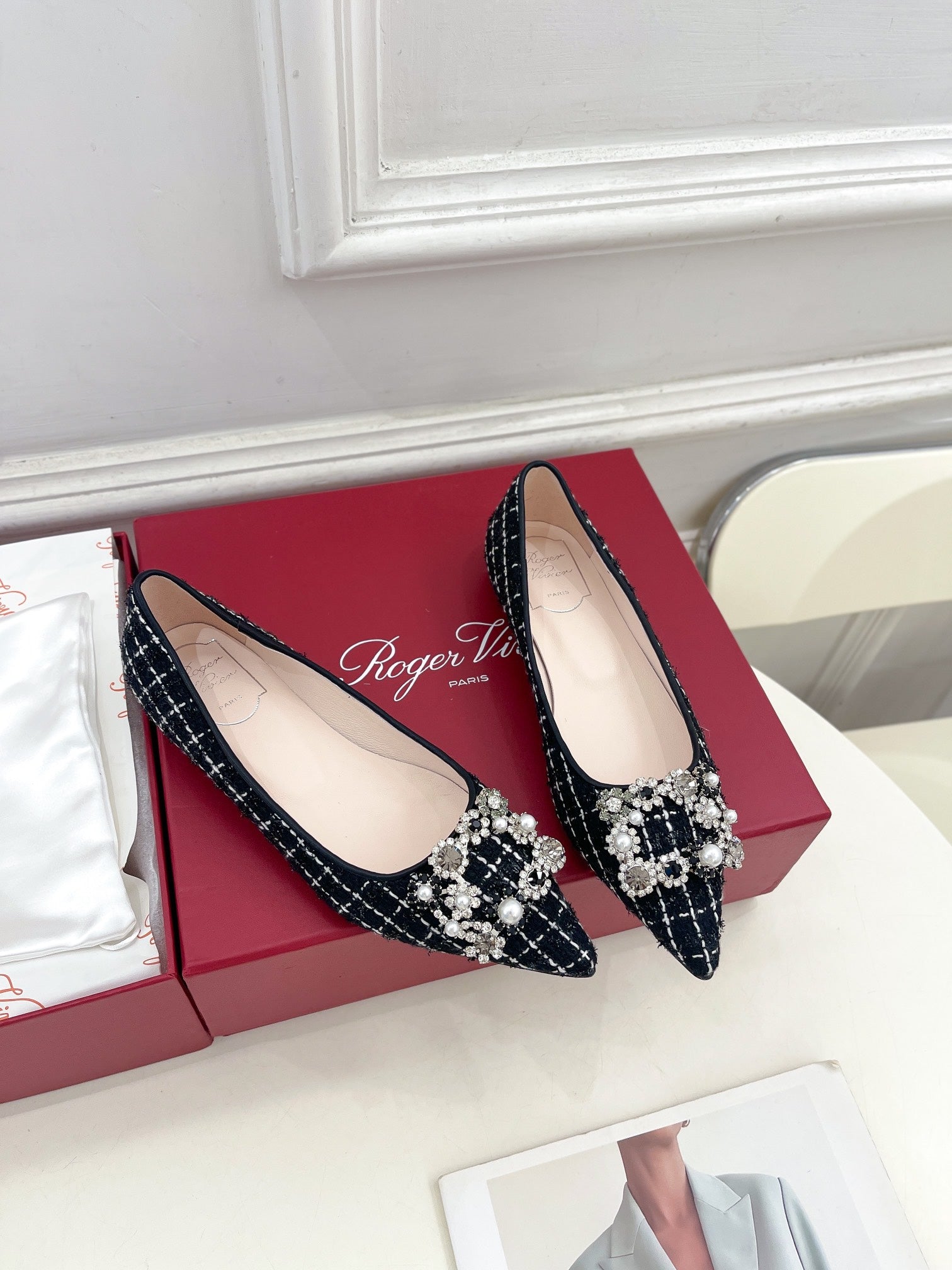 EFFLORESCENCE BALLERINAS IN BLACK TWEED WITH FINE WHITE STRIPES EMBELLISHED CRYSTALS