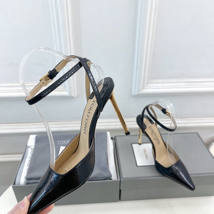 HIGH SLINGBACKS 10 CM IN BLACK SNAKE-PATTERN CALFSKIN
