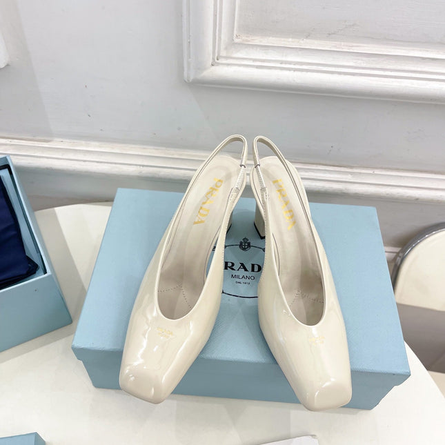 SQUARE TOE SLINGBACK PUMPS IN WHITE GLOSSY CALFSKIN