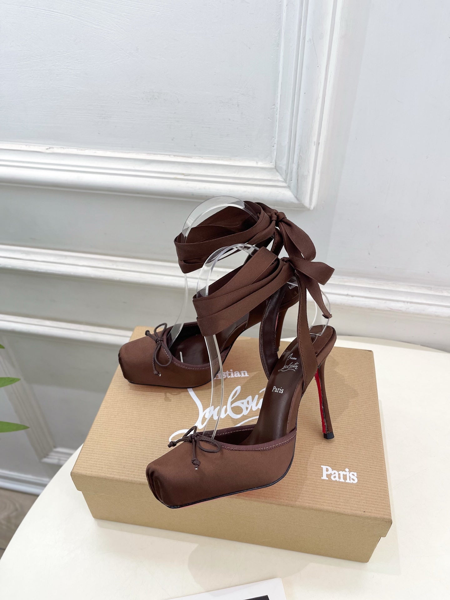 CASSIA LACE UP 100MM IN CHOCOLATE BROWN SATIN