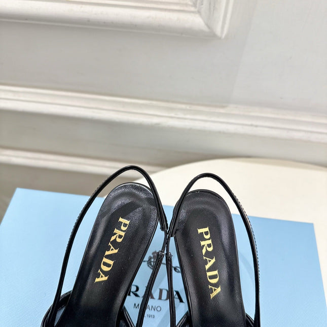 PRADA 26S POINTED-TOE SLINGBACK HEELS 75MM IN BLACK MESH WITH BLACK BOW