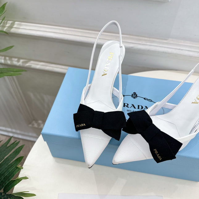 PRADA 26S POINTED-TOE SLINGBACK HEELS 75MM IN WHITE MESH WITH BLACK BOW