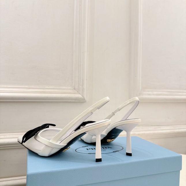 PRADA 26S POINTED-TOE SLINGBACK HEELS 75MM IN WHITE MESH WITH BLACK BOW