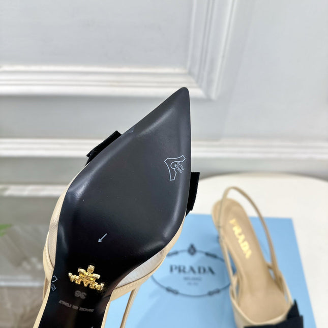 PRADA 26S POINTED-TOE SLINGBACK HEELS 75MM IN BEIGE MESH WITH BLACK BOW