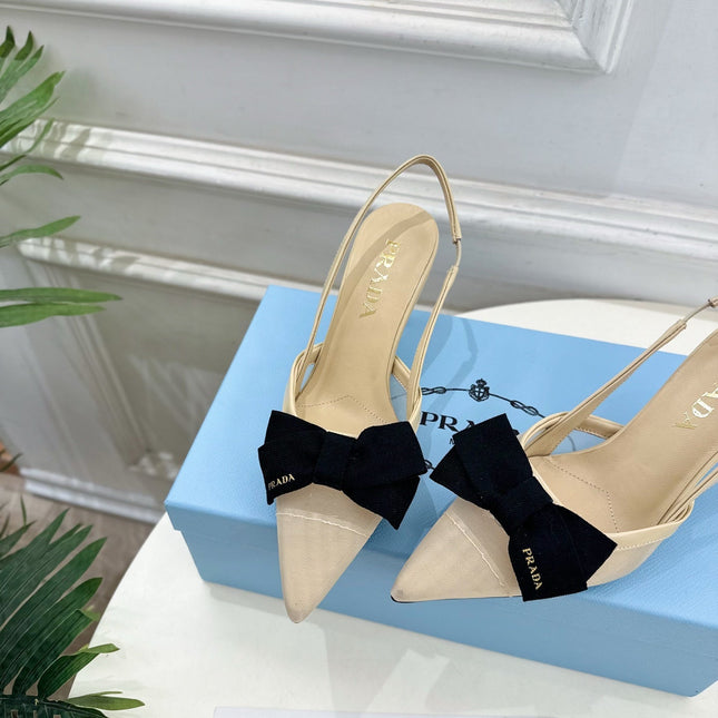 PRADA 26S POINTED-TOE SLINGBACK HEELS 75MM IN BEIGE MESH WITH BLACK BOW