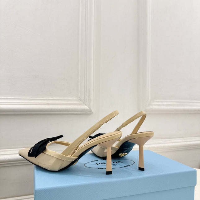 PRADA 26S POINTED-TOE SLINGBACK HEELS 75MM IN BEIGE MESH WITH BLACK BOW