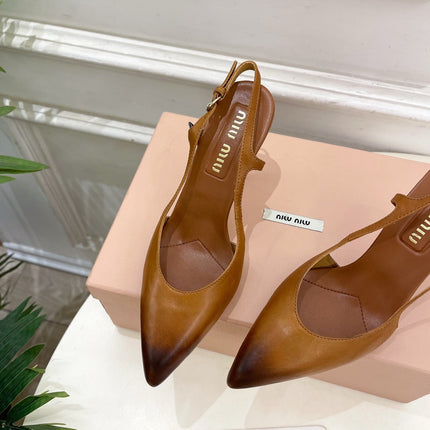 MIUMIU 26S SLINGBACK PUMPS 85MM IN BROWN COGNAC CALFSKIN