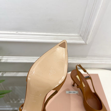 MIUMIU 26S SLINGBACK PUMPS 85MM IN BROWN COGNAC CALFSKIN