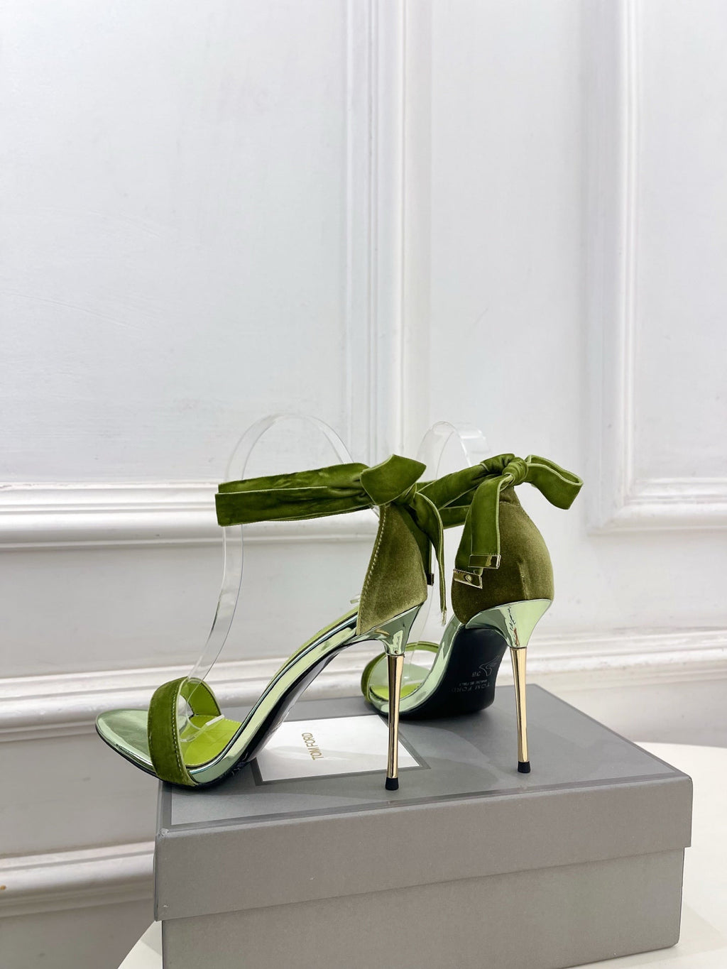 TOM FORD 26S HIGH-HEELED SANDALS 105 MM IN GREEN FABRIC AND CALFSKIN