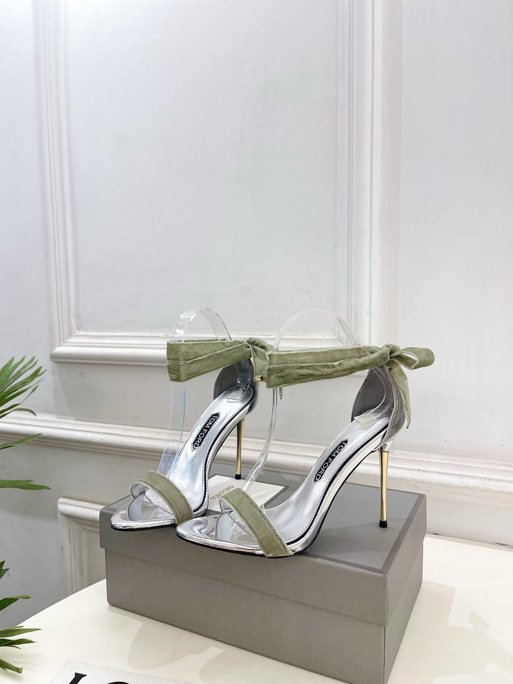 TOM FORD 26S HIGH-HEELED SANDALS 105 MM IN LIGHT GREEN FABRIC AND SILVER CALFSKIN