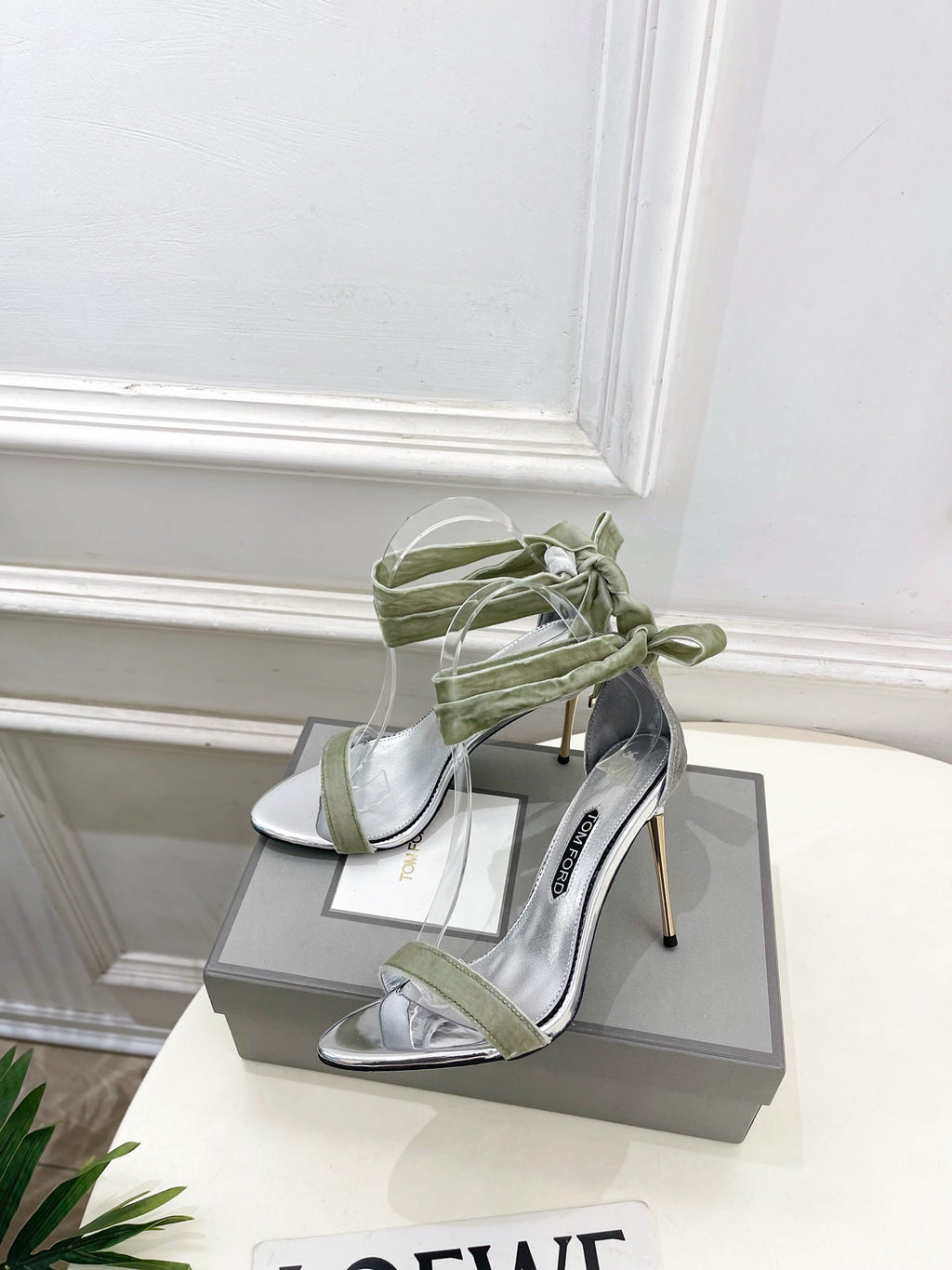 TOM FORD 26S HIGH-HEELED SANDALS 105 MM IN LIGHT GREEN FABRIC AND SILVER CALFSKIN
