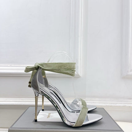 TOM FORD 26S HIGH-HEELED SANDALS 105 MM IN LIGHT GREEN FABRIC AND SILVER CALFSKIN