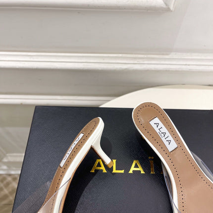 ALAIA 26S MULE HEELS 55 MM IN WHITE LAMBSKIN AND TRANSPARENT PVC