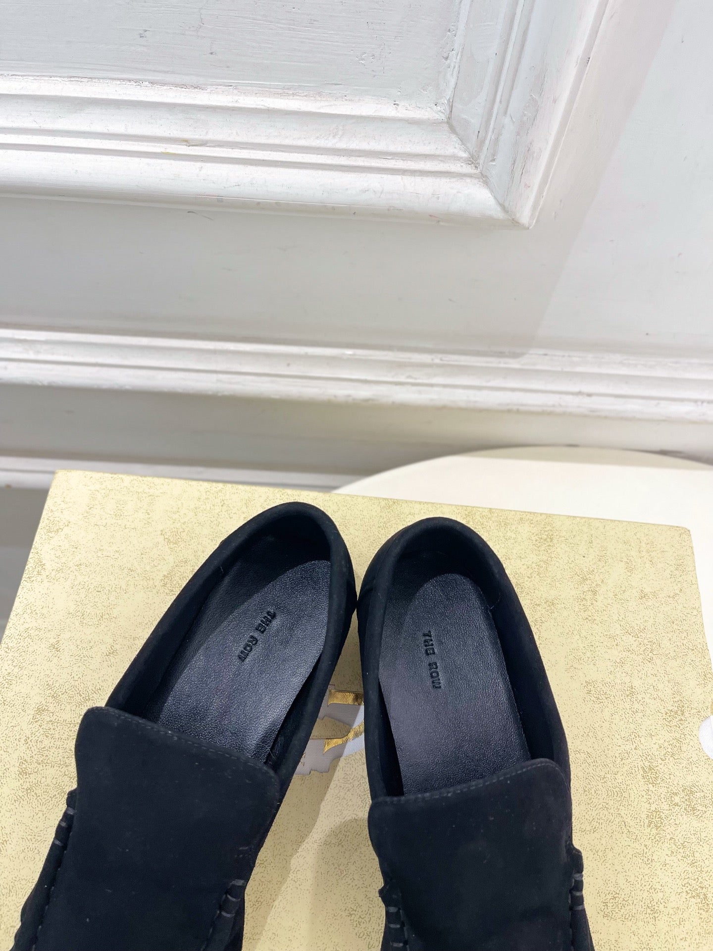 THE ROW 26S MOCCASIN LOAFERS 20MM IN BLACK SUEDE
