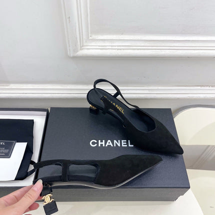 CHANEL 26S POINTED TOE HIGH HEELS 55 MM IN BLACK SUEDE