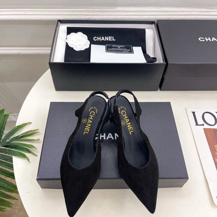 CHANEL 26S POINTED TOE HIGH HEELS 55 MM IN BLACK SUEDE
