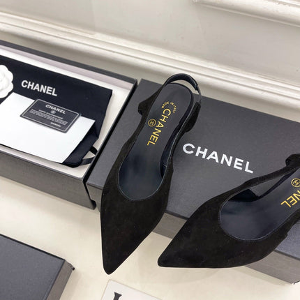 CHANEL 26S POINTED TOE HIGH HEELS 55 MM IN BLACK SUEDE