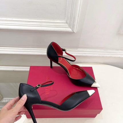 VALENTINO 26S ANKLE-STRA PUMPS 85 MM BLACK AND WHITE CALFSKIN