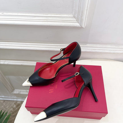 VALENTINO 26S ANKLE-STRA PUMPS 85 MM BLACK AND WHITE CALFSKIN
