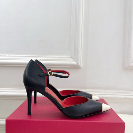 VALENTINO 26S ANKLE-STRA PUMPS 85 MM BLACK AND WHITE CALFSKIN
