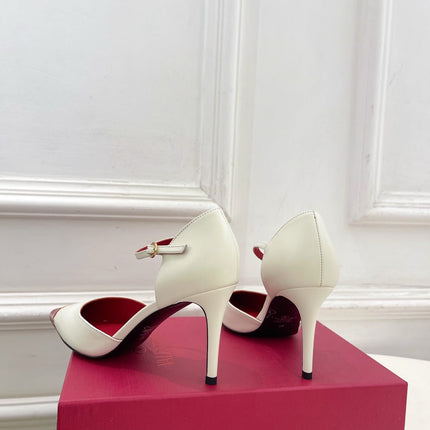 VALENTINO 26S ANKLE-STRA PUMPS 85 MM IN OFF-WHITE AND RED CALFSKIN