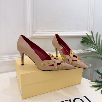 VALENTINO 26S STUDDED POINTED TOE PUMPS 80 MM IN NUDE CALFSKIN