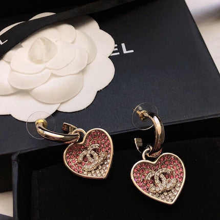 CHANEL 26S DOUBLE C LOGO TWO-TONE PAVE CRYSTAL HEART DROP HOOP EARRINGS IN GOLD METAL 631080