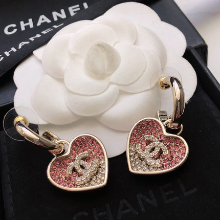 CHANEL 26S DOUBLE C LOGO TWO-TONE PAVE CRYSTAL HEART DROP HOOP EARRINGS IN GOLD METAL 631080