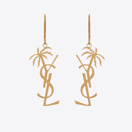 YSL 26S PALM TREE LOGO DROP EARRINGS IN GOLD TONE METAL 619168