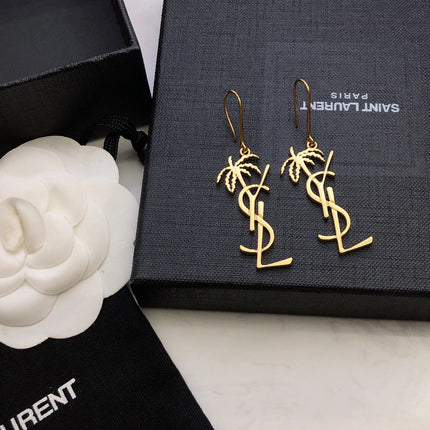 YSL 26S PALM TREE LOGO DROP EARRINGS IN GOLD TONE METAL 619168