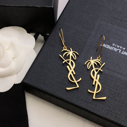 YSL 26S PALM TREE LOGO DROP EARRINGS IN GOLD TONE METAL 619168