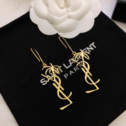 YSL 26S PALM TREE LOGO DROP EARRINGS IN GOLD TONE METAL 619168