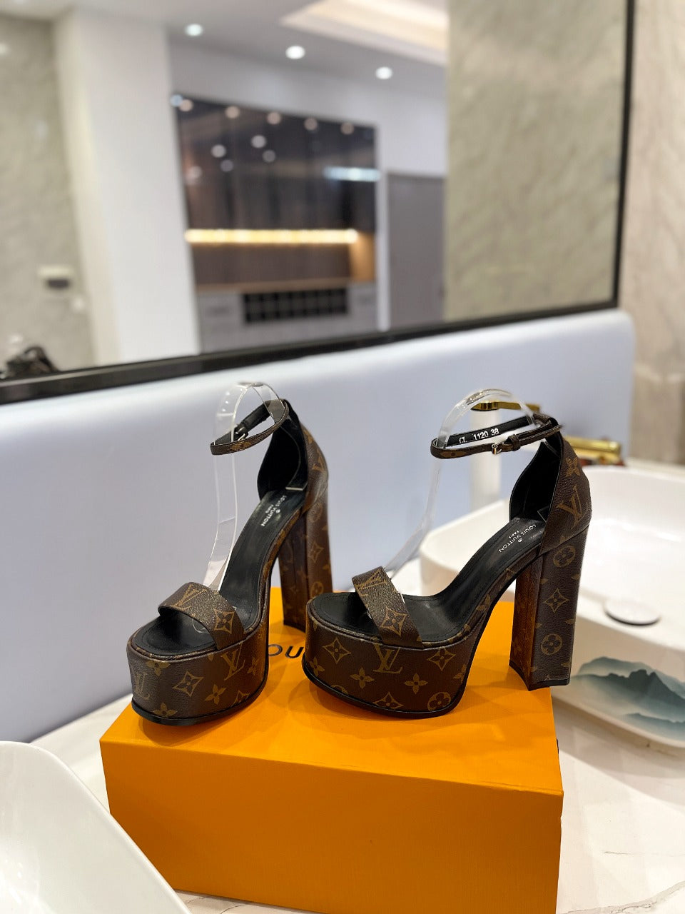 LV 26S HIGH HEEL SANDALS 145 MM IN DARK BROWN COATED CANVAS