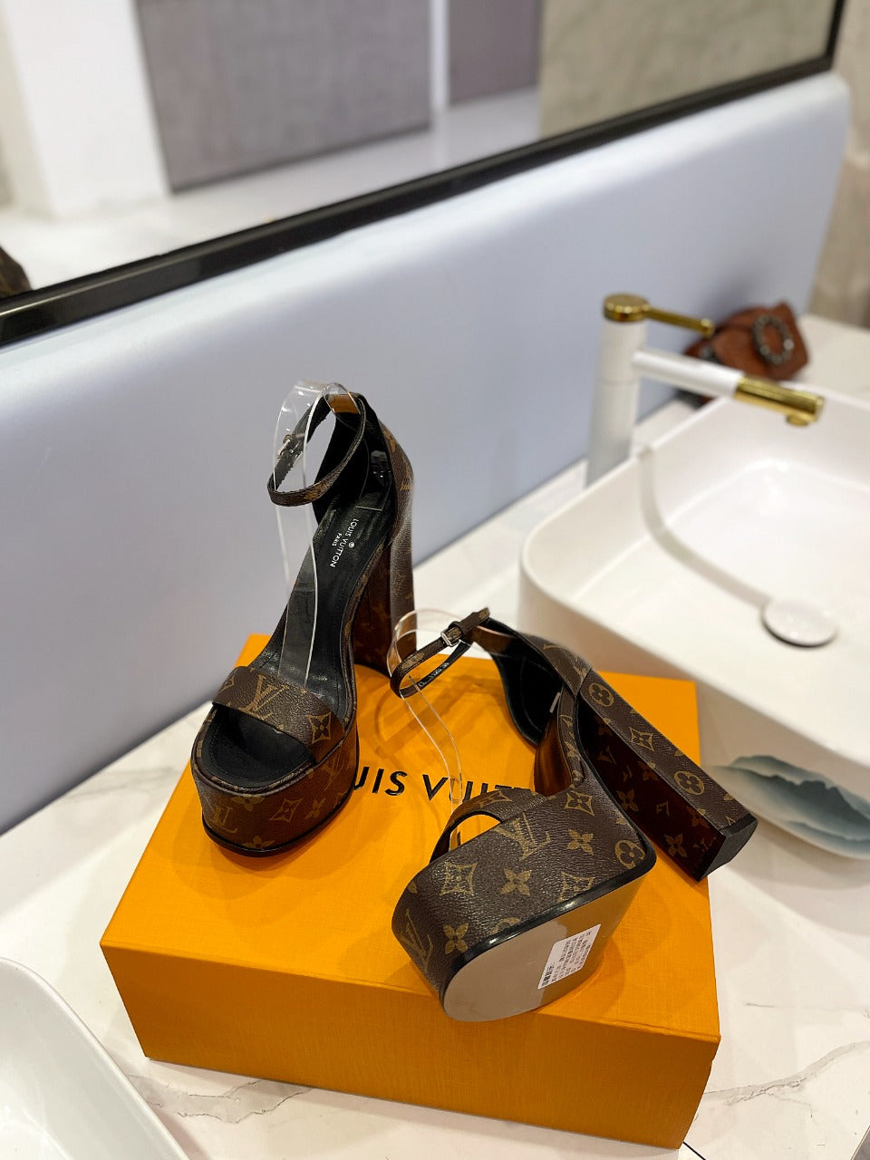 LV 26S HIGH HEEL SANDALS 145 MM IN DARK BROWN COATED CANVAS