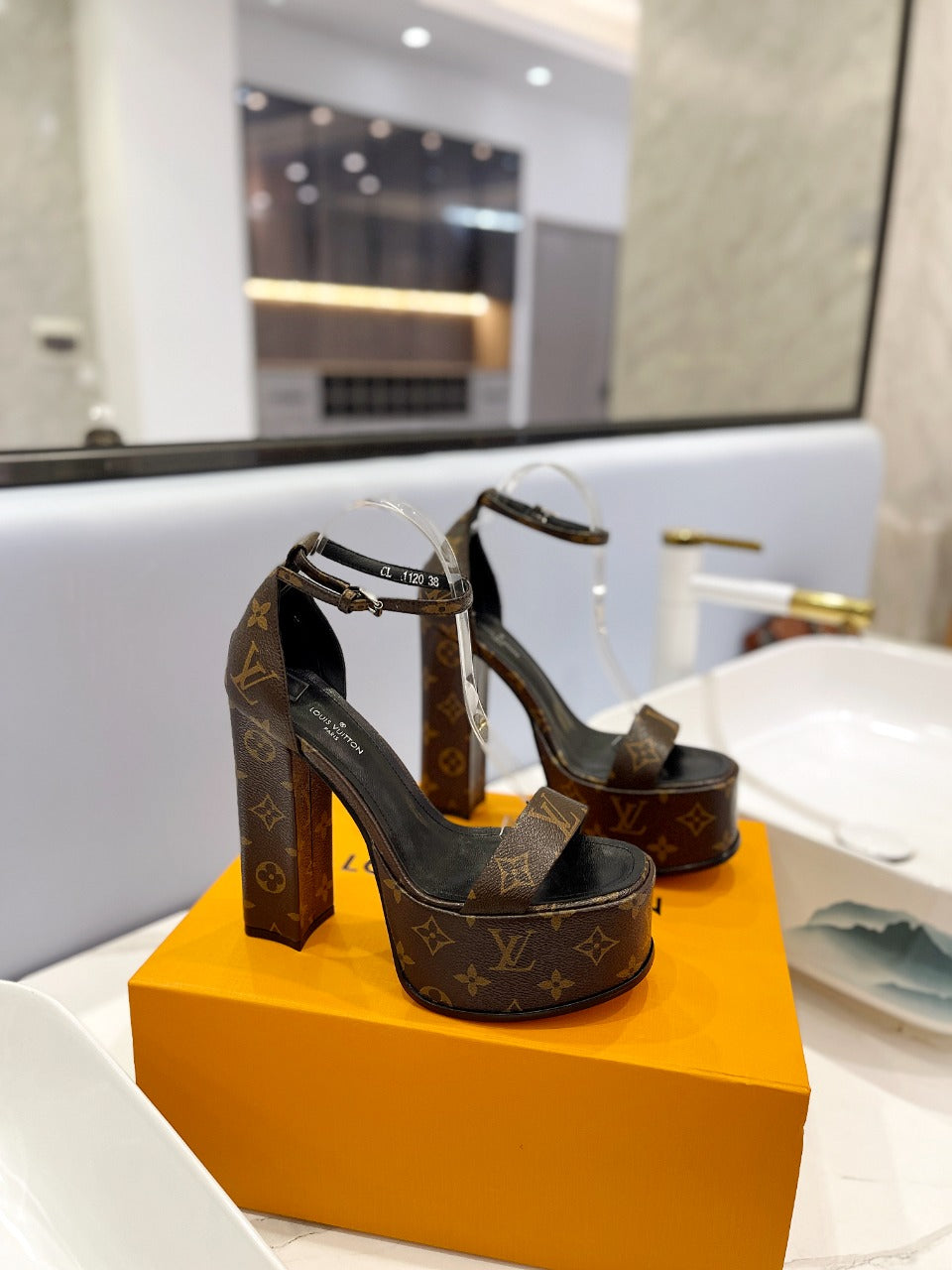 LV 26S HIGH HEEL SANDALS 145 MM IN DARK BROWN COATED CANVAS