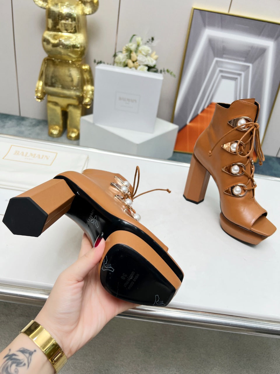 BALMAIN 26S OPEN-TOE BOOTS 115 MM IN BROWN CALFSKIN PEARL-EMBELLISHED