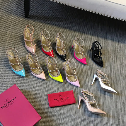 ROCKSTUD CAGED HIGH PUMP IN PEACHY MIX LIGHT PINK PATENT CALFSKIN 100 MM